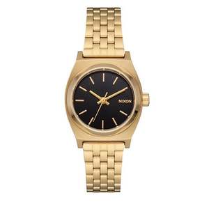 Unisex Small Time Teller Gold-Tone Stainless Steel Watch Black Dial